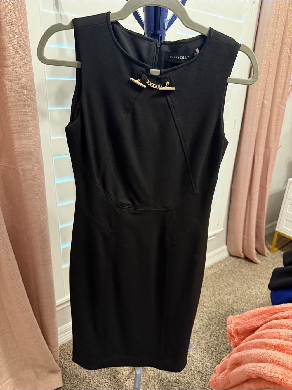 Ivanka Trump Black Midi Sheath Dress with Gold Chain Accent